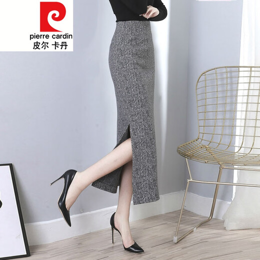 Pierre Cardin high-waisted skirt autumn and winter 2021 woolen hip skirt herringbone slit skirt thickened one-step long skirt knitted 964 gray S
