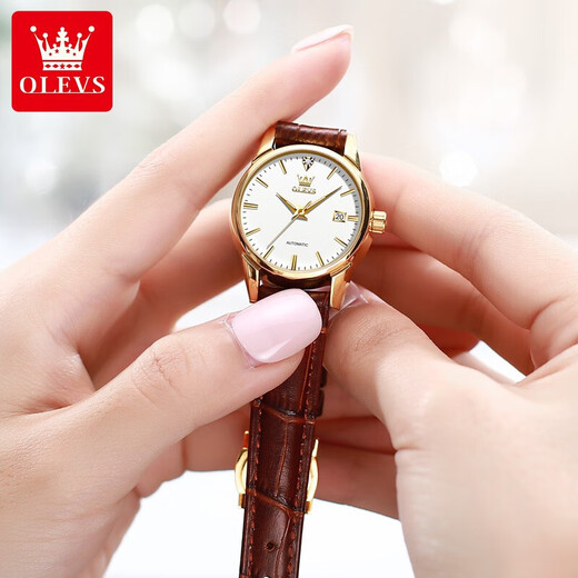 OLEVS Swiss certified watch women's mechanical watch fully automatic simple women's watch small birthday gift for girlfriend [upgraded enhanced version] 6629 women's brown leather white flour-lifetime insurance