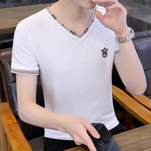 费洛仕短袖男夏季衣服男士打底衫丅恤体恤潮流修身潮牌t恤男V领 826白色 L