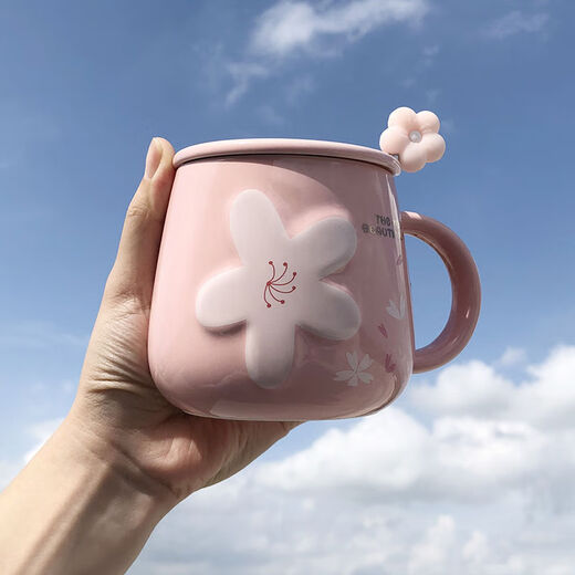 幻视早餐杯带盖带勺 网红樱花陶瓷马克杯带盖带勺女学生高颜值SN9896 蓝色樱花【白色杯】 杯+盖+不锈钢小勺