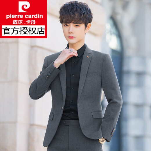 皮尔卡丹（pierre cardin）春秋季西服套装男士休闲小西装修身韩版潮流痞帅上衣外套 中灰套装 XL