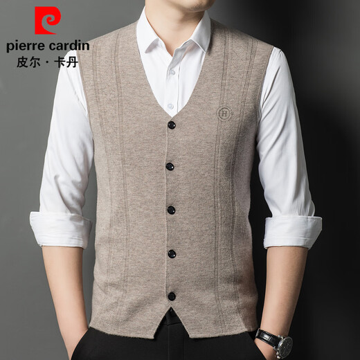 Pierre Cardin pure wool sweater vest men's v-neck waistcoat young and middle-aged knitted sweater cardigan autumn and winter warm sleeveless sweater vest