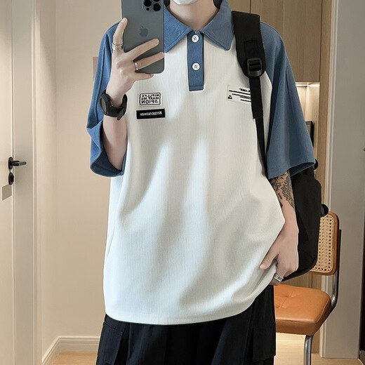 Katuchi Short-sleeved T-shirt for men's summer Japanese fashion brand heavyweight polo T-shirt college style contrast loose half-sleeved T-shirt Black L Recommended 100-120 Jin [Jin equals 0.5 kg]