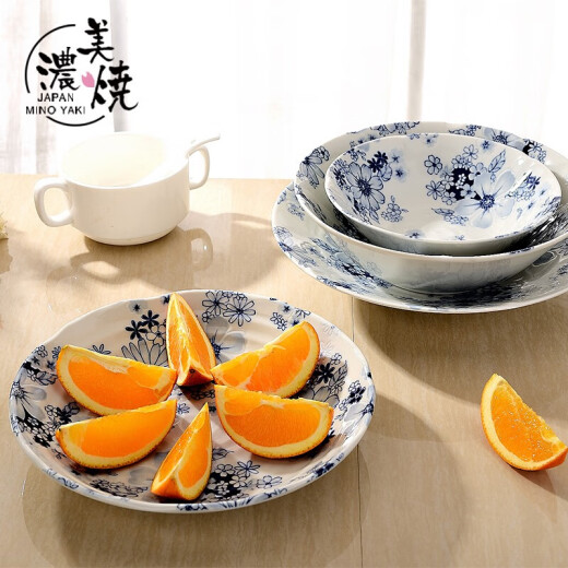 Mino-yaki Japanese tableware imported blue and white relief soup bowl hand-painted bowl sushi household rice bowl flower set series HT-18 deep plate [16.5CM*4.0CM]