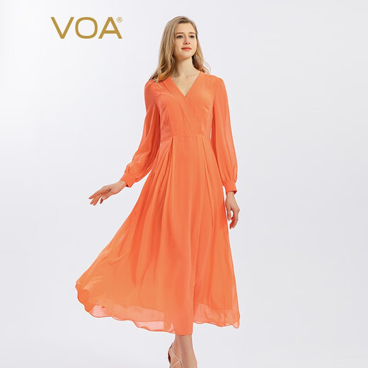 VOA orange and yellow double layer Georgia silk accordion pleated V-neck shirt long sleeve loose silk dress AE1365 Huanxi sa-yuelan (A22) L