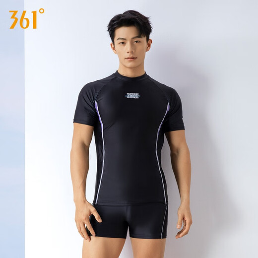 361 Swimsuit Men's Suit Swimsuit Youth Adult Boys Large Size Swimming Top Men's Hot Spring Swimming Shorts Set Black [Single Short Sleeve Top] XL Height 170-180cm Weight 65-75kg