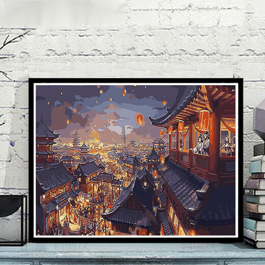 Pintura digital al óleo estilo chino Pintura al óleo digital DIY DIY Rellena pintada a mano Coloración Oil Pintura al óleo Salón Hecho a mano Dormitorio 693 Sky City 05 5065 Marco de oro blanco y negro Ensamblado Pintura de color