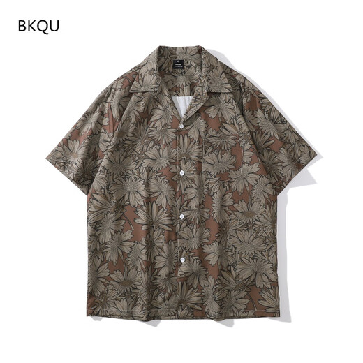 Bkqu2023 Hong Kong Style Vintage Flower Blume kurzärmeliges Hemd männliches Paar Sommer Retro Trendy Brand Kubaner Kragen Hawaiian Loose X675 Black M.
