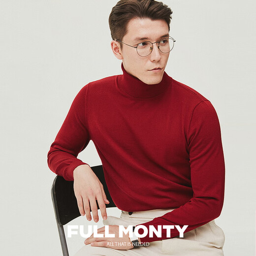 FULL MONTY秋酒红高领套头毛衣男士羊毛针织衫内搭打底衫纯色线衣 酒红8744 XL