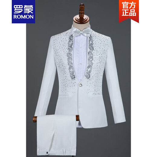 ROMON light luxury performance clothing male adult stand-up collar sequined singer host clothing stage chorus men's dress suit new product white buy jacket + pants + bow tie 185/96A