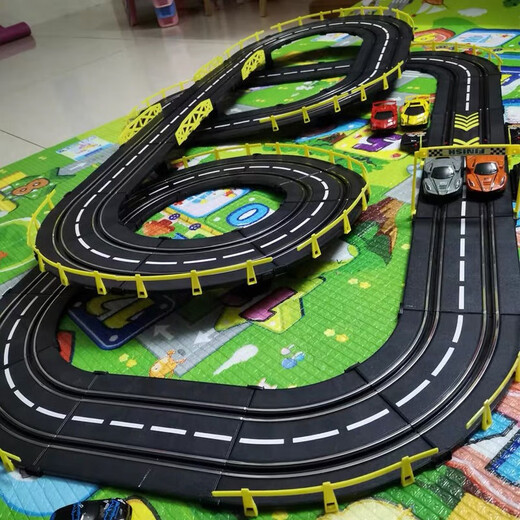 Kinderbahnen Autospielzeug Jungen mit Allradantrieb Runway Elektrische Fernbedienung Rennwagen-Geburtstagsgeschenk 3-6-10 Jahre 8-12 11,8 Meter Rennstrecke [mit Ringkonfiguration] [Zwei-Personen-Modell] Elektrisches Modell + 2 Autos