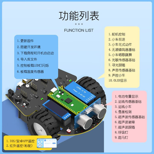 Yahboom Raspberry Pi Pico2 Kit de carte de développement de voiture intelligente Micropython Programmation du robot Capteur Introduction Bluetooth App Pico2 Robot Car (y compris la carte mère PICO2)