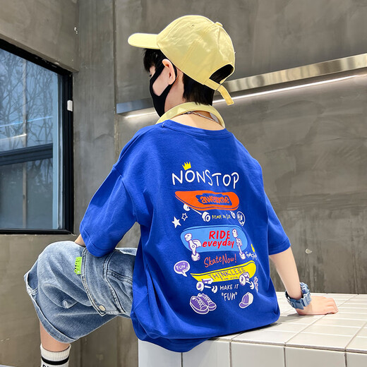 Camiseta de manga corta de Summer Boy de Summer Malaqi Top 2025 Camiseta infantil de media manga infantil Celebración de Internet Handsome 679 Blue 160-160cm aproximadamente 84Jin [Jin equivale a 0.5 kg]