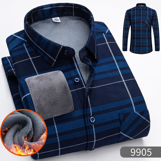 Manian Kangaroo Winter Plus Fleece Warm Shirt Men's Plaid Shirt Long Sleeve Thickened Men's Clothing Fall and Winter Middle-aged Daddy 9906 2XL