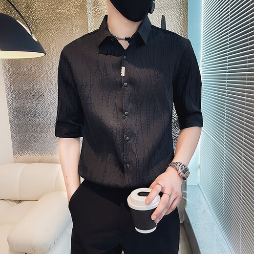 
Meloban summer ice silk short 7-quarter sleeve shirt men's trendy brand handsome men's clothing shirt Korean style slim 7-quarter sleeve shirt white L