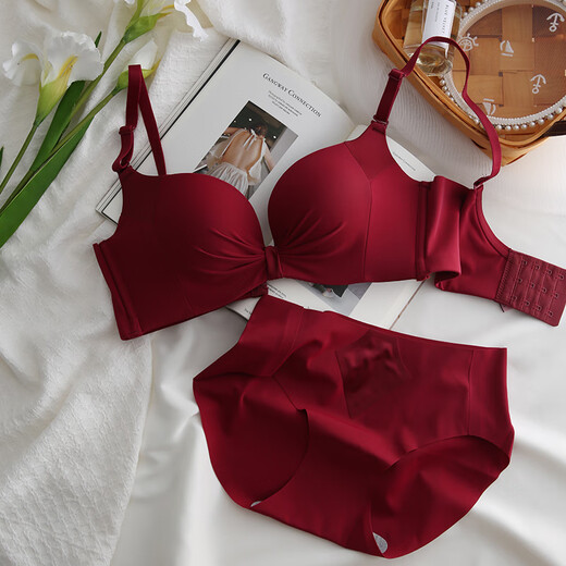 Modal Red Underwear Women's Small Breast Push Up Wedding Bride's Zodiac Year Women's Wireless Bra Set Sexy Bra Cover Burgundy (Thin 1cm) Underwear + Underwear 80B 80/36B
