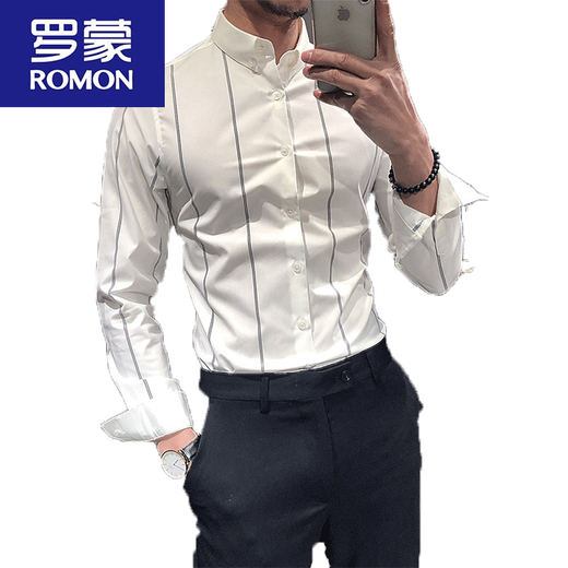 Romon Spring и летняя стройная рубашка мужская ощущение бесплатного гладкого с длинным рукавом тонкая полосатая белая рубашка дюйм повседневная C15888 Black M