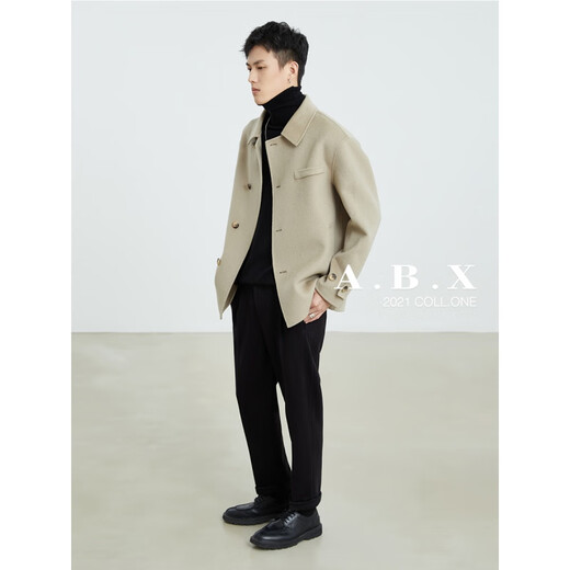 a.b.x冬季鹅绒里衬全羊毛双面呢夹克男宽松短款羊毛大衣男士外套 大象灰 XL/180