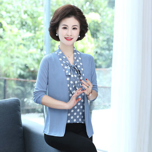 中老年女装春秋新款长袖假两件上衣妈妈装宽松洋气针织开衫小衫女SN1390 浅绿色（圆点） 2XL 建议105-125斤左右