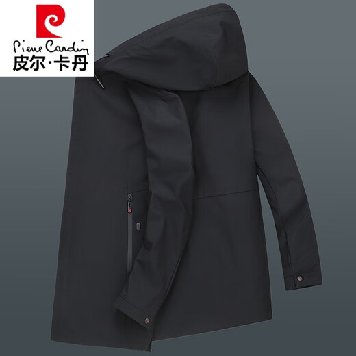 Pierre Cardin light luxury high-end plus size spring and autumn men's mid-length windbreaker plus fat extra large loose fat man coat removable hood windbreaker black 205