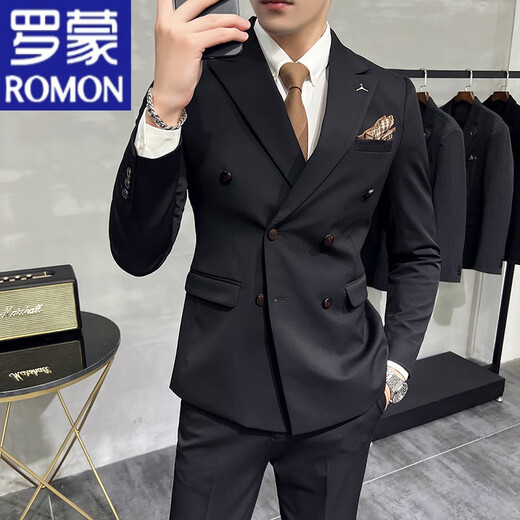 ROMON anti-wrinkle and iron-free casual double-breasted suit for groom, men's slim-fit double-slit small suit, lapel collar formal suit, double-breasted black one-piece suit S