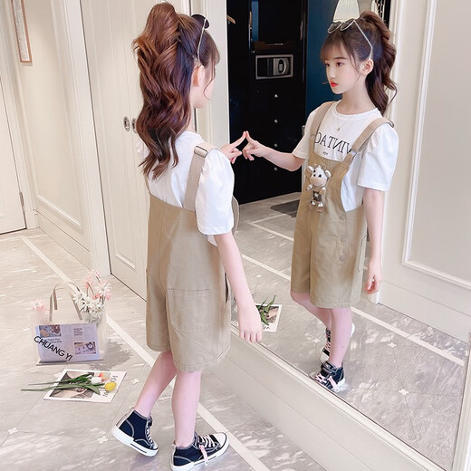 小咕嘟熊童装女童套装夏装中大儿童装休闲短袖两件套小女孩衣服背带裤服装 粉色 140