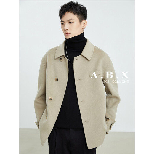 a.b.x冬季鹅绒里衬全羊毛双面呢夹克男宽松短款羊毛大衣男士外套 大象灰 XL/180