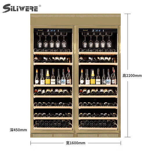 SILIWERE red wine cabinet, constant temperature wine cabinet, home red wine cabinet, living room wine cabinet, custom red wine cabinet, width 800 depth 450 height 2200 champagne gold 2 units 500L exclusive version