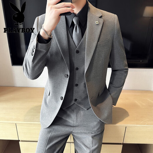 Playboy suit suit men's high-end double-button casual groom wedding dress men's business formal fit suit jacket medium gray suit (suit + vest + pants) XL 120-135Jin Jin equals 0.5 kg