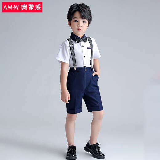 Ormondwei boys dress suit children's shirt overalls summer flower girl host suit kindergarten performance clothes 21109 white lining blue pants 110