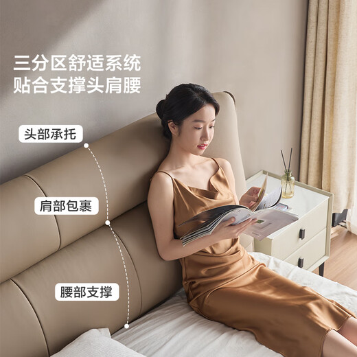 林氏家居双人床主卧大床现代轻奢头层牛皮排骨架床皮艺床1.8米2米TPC701