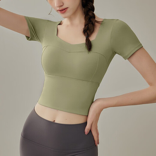 Yuebu Yoga Wear Set Women's Pilates Training Wear Quick-Drying Clothes Fitness Top Running Sports Short-Sleeved T-Shirt Summer Green S (Recommended 85-95Jin Jin equals 0.5kg)