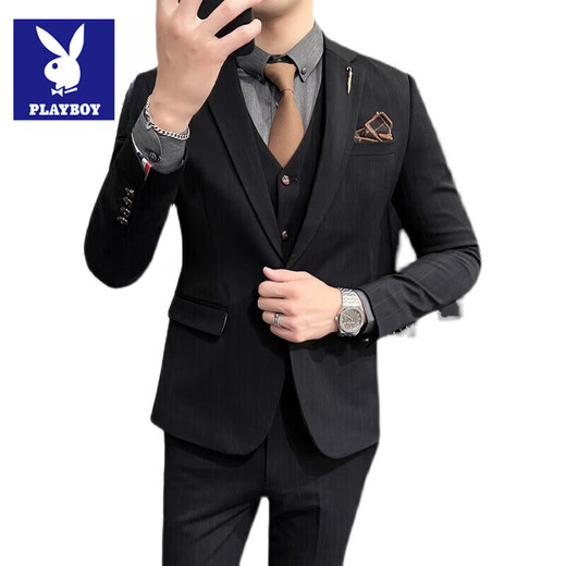 Playboy striped suit men's three-piece slim fit business casual plus size handsome suit male groom wedding dress dark gray suit XL (suit + vest + trousers)