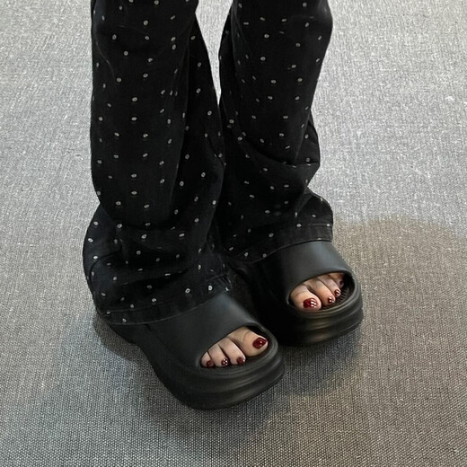 沐霓增高厚底拖鞋女2025女鞋夏季外穿EVA一字拖凉鞋女海边沙滩凉拖鞋 黑色38-39
