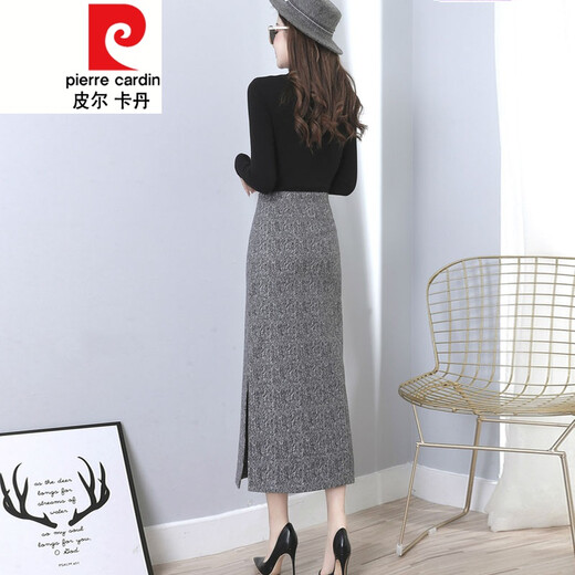 Pierre Cardin high-waisted skirt autumn and winter 2021 woolen hip skirt herringbone slit skirt thickened one-step long skirt knitted 964 gray S
