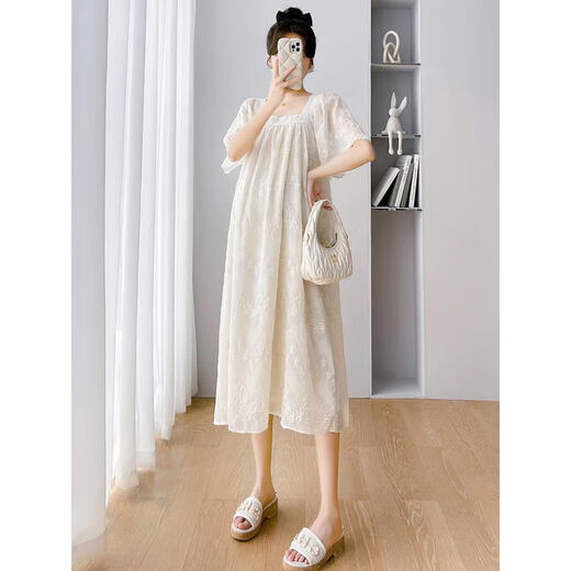 Geman maternity dress summer loose large-size top covering belly summer skirt puff sleeve maternity dress summer skirt off white skirt (recommended 120-140 Jin [Jin equals 0.5 kg])
