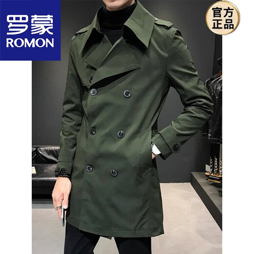 罗蒙（ROMON）军风衣男士中长款春秋款2025新款英伦痞帅修身双排扣大衣外套男款 军绿色 加棉 M 【建议90斤以内】