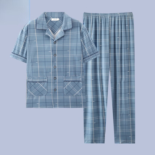 El nuevo pijama masculino de Catman, los pantalones de verano de verano de algodón de manga corta de manga corta para adolescentes, pueden usar trajes de ropa para el hogar G3884 pantalones de manga de color azul l [sugerido 100-120 Jin [Jin equivale a 0.5 kg]]