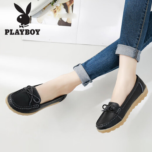 Playboy (Playboy) Damenschuhe Herbst Herbst bequeme Soft alleinige Schuhe Frauen Mode Krankenschwester kleine Lederschuhe Frauen Freizeitschuhe Frauen 1615 Schwarz 38