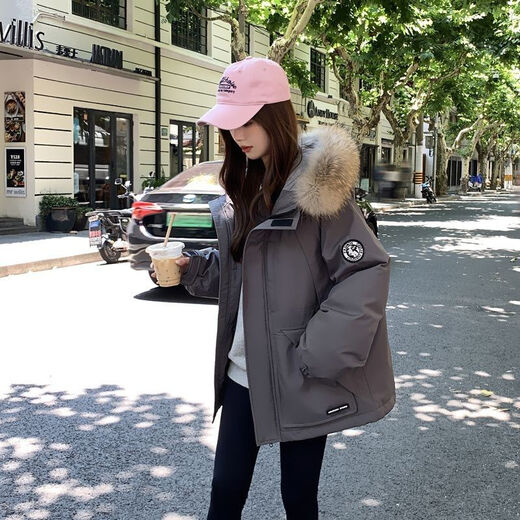 Guilanzi short down jacket for women winter 2025 new small white duck down work jacket thickened fur collar coat navy blue M 110-135Jin Jin equals 0.5 kg