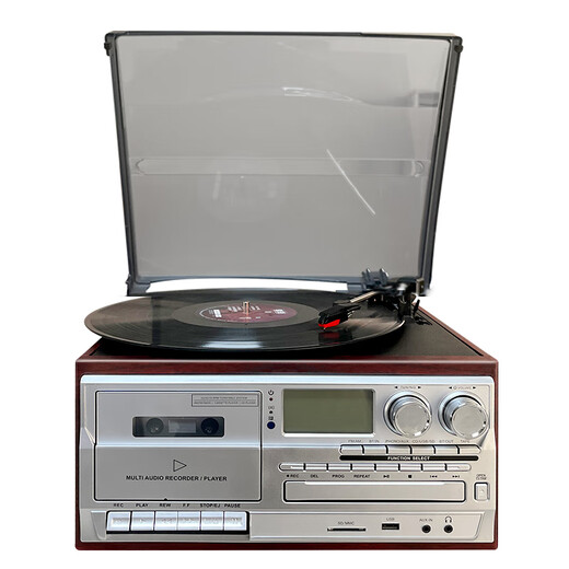 Heritage family tape player, vinyl CD all-in-one multi-functional antique tape player, vinyl record player, retro gramophone, Bluetooth audio, home living room ornaments, vinyl tape all-in-one machine, mahogany color (silver panel)