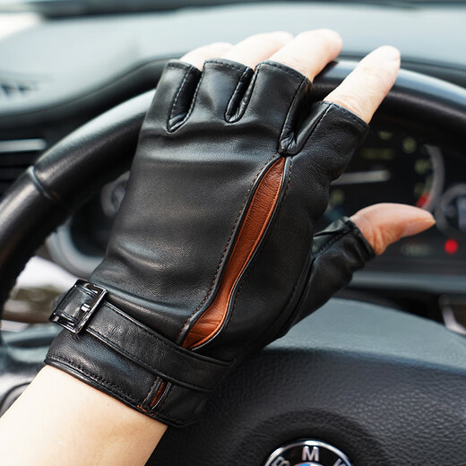 NOOLDERS Men's Warm Genuine Leather Gloves Half Finger Driving Gloves Half Fingerless Cycling Motorcycle Sheepskin Gloves Thin Designer Style Black (Thin Velvet Lining) S Size