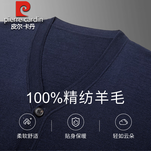 皮尔卡丹精纺100%纯羊毛V领开衫男纯色羊毛衫男士毛衣外套针织衫春秋薄款 上青 170/M