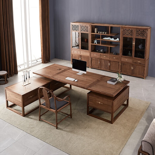 Qunru Chengyu (JEFUISML) new Chinese style solid wood office desk and chair, log boss desk, high-end office furniture, chairman executive desk, president desk, 2.0 meter office desk including side table