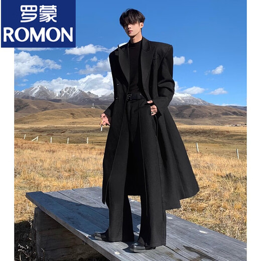 ROMON black long Godfather shoulder-padded woolen coat men's winter thickened cleanfit Cthulhu civilian trench coat black upgraded version 90% of buyers choose M 105-120Jin Jin is equal to 0.5 kg
