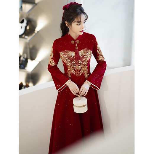 Seidler New Chinese Cheongsam Toast Wear Bride 2025 New Burgundy Xiuhe Clothes Home Long Sleeve Wedding Engagement Dress Burgundy M (Recommended 96-105 Jin Jin equals 0.5 kg)