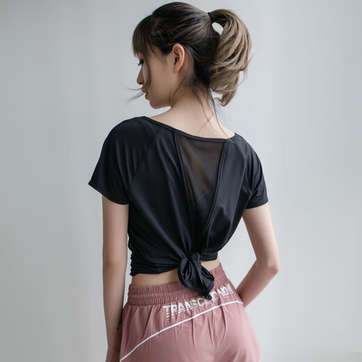 Yoga girl summer yoga wear Pilates mesh short-sleeved loose running blouse quick-drying sports suit pink top + black trousers S (80-95Jin Jin equals 0.5kg)