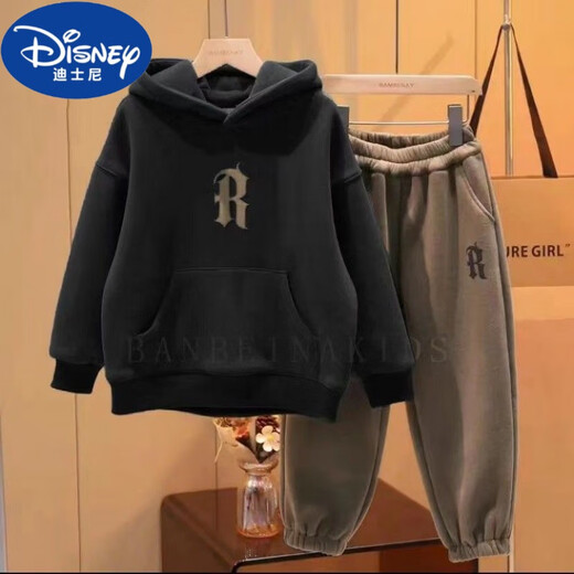 Disney (Disney) Boys Winter Wear Suit 2025 New Medium and Large Children's Autumn and Winter Western Style Children's Boys' Velvet Thickened Sweater Two-piece Set Dark Gray Velvet Two-piece Set 150