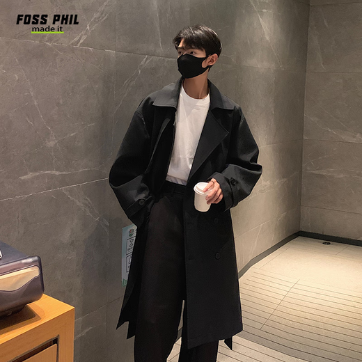 Foss Phil Mantel Herren Herbst und Winter trendige Marke koreanische lose mittellange Windjacke neue Herren DF275 schwarz XL