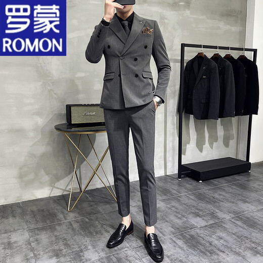 ROMON anti-wrinkle and iron-free casual double-breasted suit for groom, men's slim-fit double-slit small suit, lapel collar formal suit, double-breasted black one-piece suit S